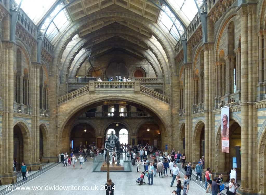 Interior of the Natural History Museum, a vast cavernous hall with columns and arches and stairs to an upper level